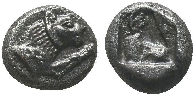 Greek, Caria, c. 520-490 BC, AR Mylasa. Obverse: Forepart of a lion right; monog...