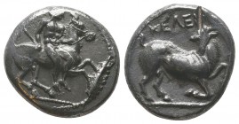 Kelenderis , Cilicia. AR Stater c. 350-330 BC.
Obv. Nude youth, holding whip in right hand, dismounting from horse rearing right.
Rev. Goat kneeling r...