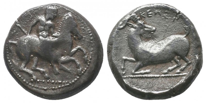 Kelenderis , Cilicia. AR Stater c. 350-330 BC.
Obv. Nude youth, holding whip in ...