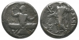 CILICIA, Mallos.Tiribazos, Satrap. 386-380 BC. AR Stater
Ahura-Mazda, body terminated by solar disk, holding wreath and lotus blossom
Baal standing ha...