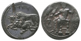 Mazaios , Satrap of Cilicia (361/0-334 BC). AR Stater. Tarsos.
Obv. B’LTRZ, Baaltars seated left on backless throne, his body turned to front, holding...
