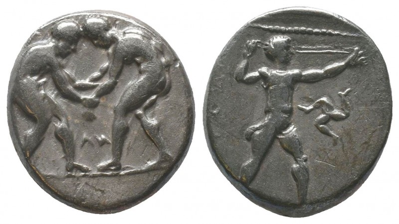 Aspendos, Pamphylia. AR Stater. c. 380-325 BC.
Obv. Two wrestlers; between them,...