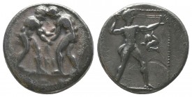 Aspendos, Pamphylia. AR Stater. c. 380-325 BC.
Obv. Two wrestlers; between them, 
Rev. EΣTFEΔIIY, slinger to right, triskeles in right field.

Conditi...
