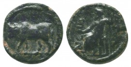 CAPPADOCIA. Tyana. Ae (1st century BC).
Obv: Bull standing right.
Rev: TVANЄωN.
Zeus seated left on throne, holding sceptre and patera.
SNG Copenhagen...