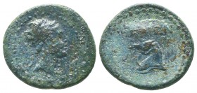CILICIA. Aigeai. Antiochos IV Epiphanes (175-164 BC). Ae. Obv: Diademed head right. Rev: AIΓEAIΩN. Head of horse left; Φ to right. Ziegler 1360-1 var....