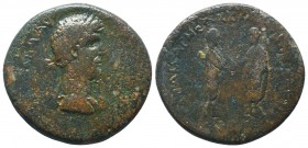 PONTUS, Amasia. Marcus Aurelius. 161-180 AD. Æ Dated year 164=163-164 AD. Bare-headed and draped bust right / Marcus Aurelius and Lucius Verus standin...