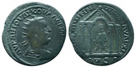 Valerian I, 253-260 AD. AE . [...] PUO LIK OUALERIANOS SE, cuirassed, radiate and draped bust R / AIGEAIWN NEWKO NAUARCIS QUS, temple with four column...
