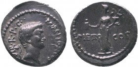 Marcus Antonius. Denarius, mint moving with Marcus Antonius 41, AR 
Description: M·ANTONIVS·IMP·III· VIR·R·P·C· Head of M. Antonius r.; behind, lituus...