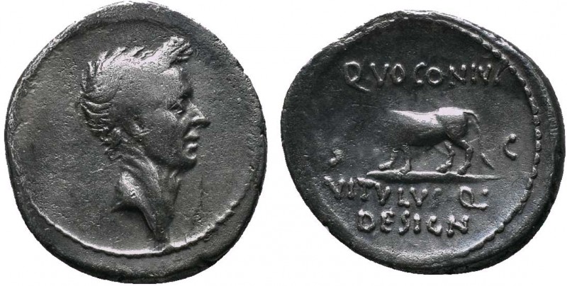 Q. Voconius Vitulus. Denarius 40 (?) or later, AR . Laureate head of Iulius Caes...