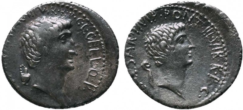 MARK ANTONY and OCTAVIAN. 41 BC. AR Denarius. Military mint traveling with Anton...