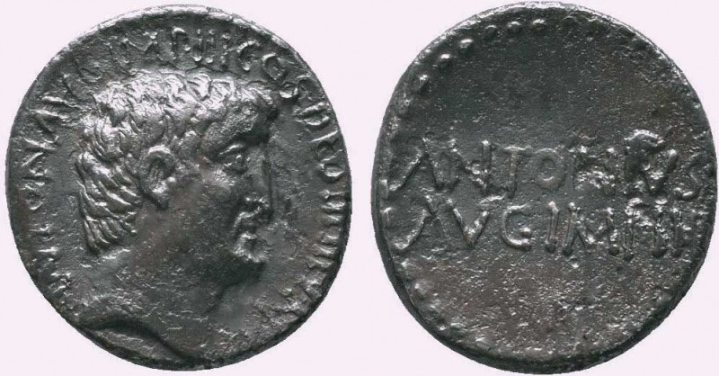 MARK ANTONY. 33 BC. AR Denarius. Bare head of Antony / ANTONIVS AVG.IMP.III in t...