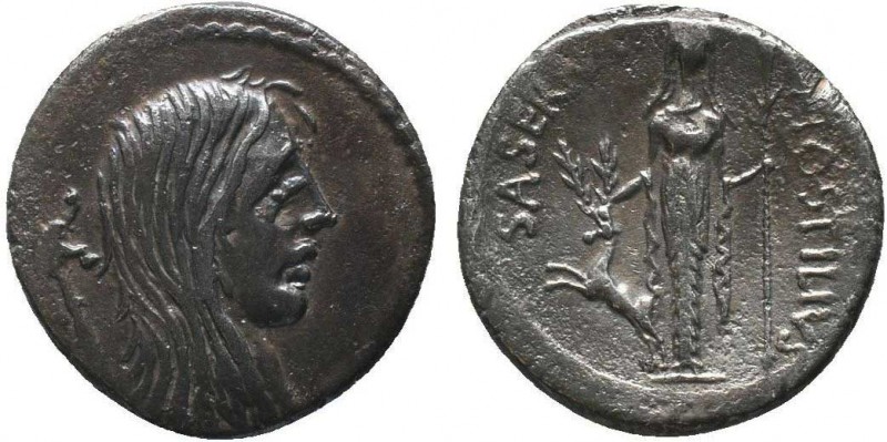 L. Hostilius Saserna. 48 BC. AR Denarius. Rome mint. Bare head of Gallia right; ...