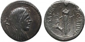 L. Hostilius Saserna. 48 BC. AR Denarius. Rome mint. Bare head of Gallia right; carnyx (Gallic trumpet) behind / Diana standing facing, holding spear ...
