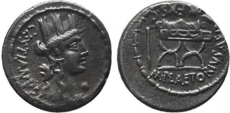 M. Plaetorius M. f. Cestianus AR Denarius. Rome, 67 BC. Turreted bust of Cybele ...