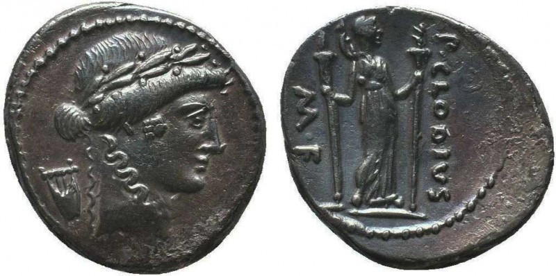 P. Clodius M.f. Turrinus . AR Denarius. 42 BC, Rome.
Obv. Laureate head of Apoll...