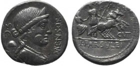 L. Farsuleius Mensor. 75 BC. AR Denarius. Diademed and draped bust of Liberty right; SC below chin, pileus and XLVIIII behind / Roma in biga assisting...
