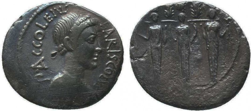 P. Accoleius Lariscolus. 41 BC. AR Denarius. Rome mint. Draped bust of Diana Nem...