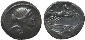 T. Carisius. Denarius; T. Carisius; 46 BC, Denarius, Cr-464/5, Syd-985, RSC Carisia-3. Obv: Bust of Victory r., SC behind. Rx: Victory in quadriga r.,...