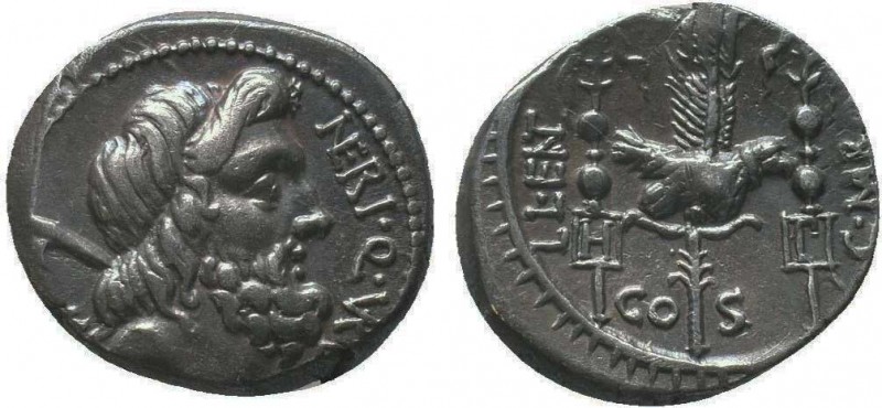 Cn. Nerius (49 BC). AR denarius. Rome. Head of Saturn right, harpa over shoulder...