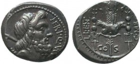 Cn. Nerius (49 BC). AR denarius. Rome. Head of Saturn right, harpa over shoulder; NERI • Q • (VR)B / Aquila between two signa inscribed H and P; L • L...