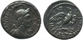 M. Plaetorius M.f. Cestianus. Denarius.
Denarius,. Rome, 67 BC. Obv: Winged bust of Vacuna right, CESTIANVS behind, SC before. Rx: Eagle on thunderbol...