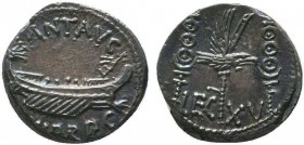 Marc Antony, as Triumvir and Imperator (43-31 BC). AR Denarius 32/31, military mint. ANT AVG III. VIR. R. P. C. Galley to r. Rev. LEG XV Aquila betwee...