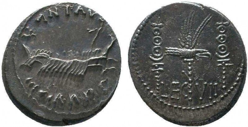 Marcus Antonius. AR Denarius . Patrae (?), 32/31 BC.
Obv. ANT AVG / IIIVIR R P C...
