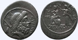 M. Nonius Sufenas. Silver Denarius BC. Rome. SVFENAS before, S C behind, head of Saturn right; behind, harpa and conical stone. Reverse SEX NONI in ex...