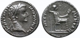 Tiberius AR Denarius. Lugdunum, AD 15-18. TI CAESAR DIVI AVG F AVGVSTVS, laureate head right / PONTIF MAXIM, Livia (as Pax) seated right on throne wit...