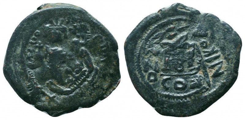 BYZANTINE.Maurice Tiberius, 582-602 AD.AE Half Follis,Constantinople mint.Overst...