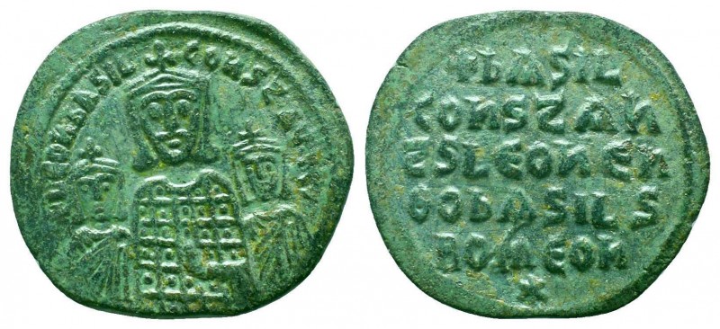 Basil I, Leo VI and Constantine VII. 867-886 AD, AE follis. Constantinople mint....