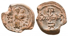 Byzantine lead seal of N. Officer (7th cent.), Perhaps Tiberios archiepiskopos
Mother of God holding Jesus Christ as child, inscription ΘΕΟΤΟΚΕ ΒΟΗΘΙ...
