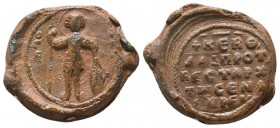 Byzantine lead seal of David Senacherim protovestarches (11th cent.)
Obv.: Saint George standing facial, nimbate, in military garments, holding spear ...