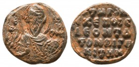 Byzantine lead seal of Leon Ligokoites (11th cent.).
Obv.: Bust of martyr Theodore the Tiron, facial, nimbate, holding spear and shield, sigla, Ο ΑΓΙ...