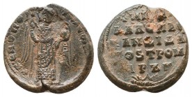Byzantine lead seal of Michael imperial spatharokandidatos and tourmarches (11th cent.). 
Obv.: Archangel Michael standing, facial, nimbate, holding s...