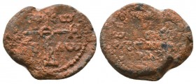 Byzantine lead seal of N. spatharios (8th cent.)
Obv.: Inscribed in the 4 corners invicative cruciform monogram, ΘΕΟΤΟΚΕ ΒΟΗΘΕΙ ΤΩ CΩ ΔΟΥΛΩ (Mother of...