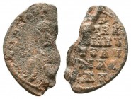 Byzantine lead seal of Konstantinos protospatharios primikerios epi tu augustiaku oiku, imperial protospatharios (11th cent.)
Obv.: Bust of Mother of...