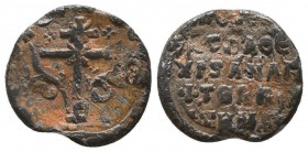 Byzantine lead seal of N. spatharios, epi tou chrysotriklinou and anagrapheus
(10th cent.)
Condition: Very Fine

Weight: 7.60 gr
Diameter: 24 mm
