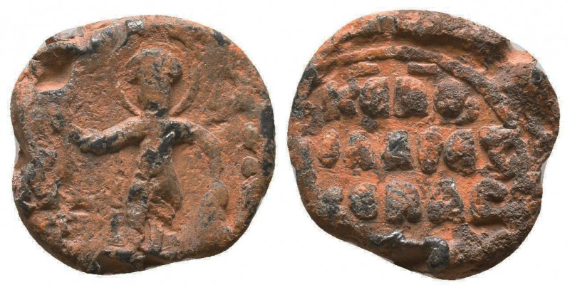 Byzantine lead seal of Philaretos sebastos (ca 12th cent.)
Obv.: Saint Theodoros...