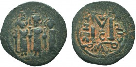 Arab-Byzantine type, Tabariya (Tiberias). Three imperial figures standing facing, each wearing crown surmounted by cross and holding globus cruciger. ...