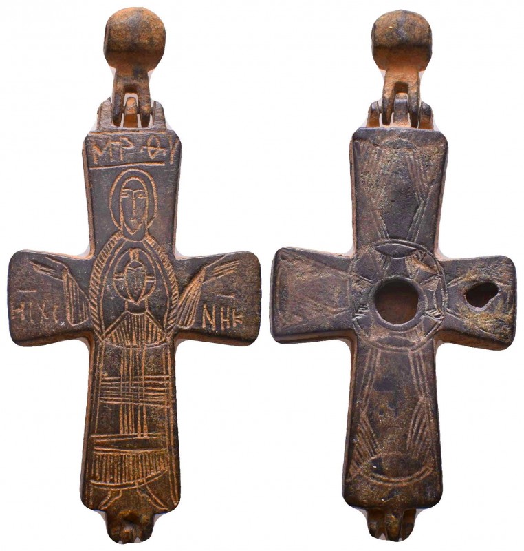 Very Attractive Byzantine RELIQUARY CROSS with Christ and the Virgin, 9th–13th c...
