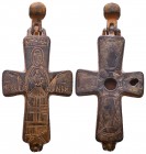 Very Attractive Byzantine RELIQUARY CROSS with Christ and the Virgin, 9th–13th century

Condition: Very Fine

Weight: 57.00 gr
Diameter: 83 mm