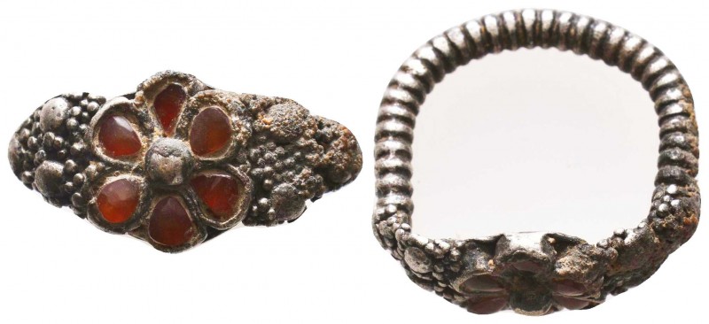 Armenian or Byzantine Silver twisted, precious stone inlaid and Decorated Ring, ...