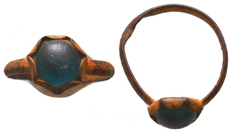 Byzantine Empire, c. 8th-12th century. Blue stone inlaid bronze ring !

Conditio...