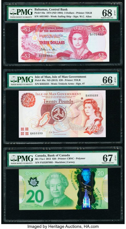 Bahamas Central Bank 3 Dollars 1974 (ND 1984) Pick 44a PMG Superb Gem Unc 68 EPQ...
