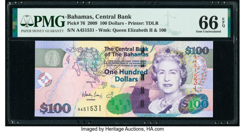 Bahamas Central Bank 100 Dollars 2009 Pick 76 PMG Gem Uncirculated 66 EPQ. 

HID...