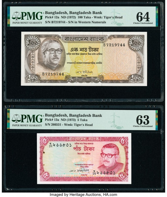 Bangladesh Bangladesh Bank 100; 5 Taka ND (1972); ND (1973) Pick 12a; 13a Two Ex...