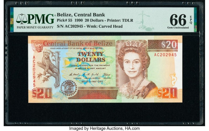 Belize Central Bank 20 Dollars 1.5.1990 Pick 55 PMG Gem Uncirculated 66 EPQ. 

H...