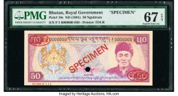 Bhutan Royal Government 50 Ngultrum ND (1981) Pick 10s Specimen PMG Superb Gem Unc 67 EPQ. Red Specimen & TDLR overprints; one POC.

HID09801242017

©...