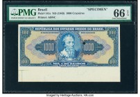 Brazil Tesouro Nacional 1000 Cruzeiros ND (1943) Pick 141s Specimen PMG Gem Uncirculated 66 EPQ. Printer's annotations and cancelled with one punch ho...